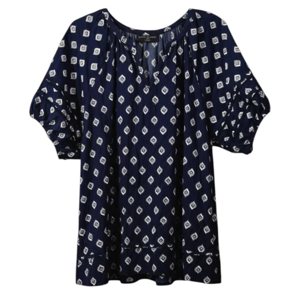 Lane Bryant 22/24 Blouse Short Sleeve V-Neck Boho Lined Navy White